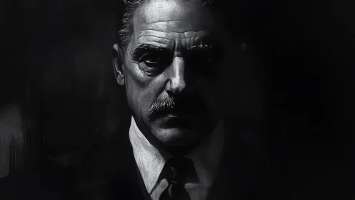 Stoic older man portrait in stark monochrome chiaroscuro.