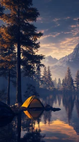 Cozy lakeside tent glows softly beneath peaceful dusk sky.