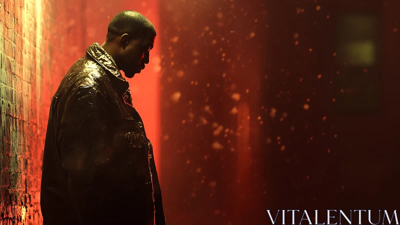 Solitary figure in glowing red alley contemplates the night.