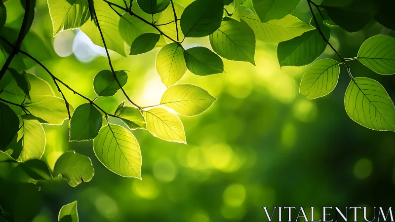 Sunlit Green Leaves Close-Up with Vibrant Natural Bokeh Effect.