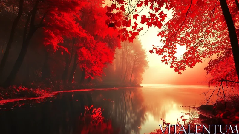 Crimson autumn forest glows beside a misty reflective river.