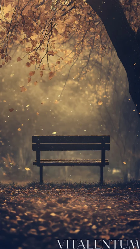 Quiet park bench in golden autumn light and drifting leaves.