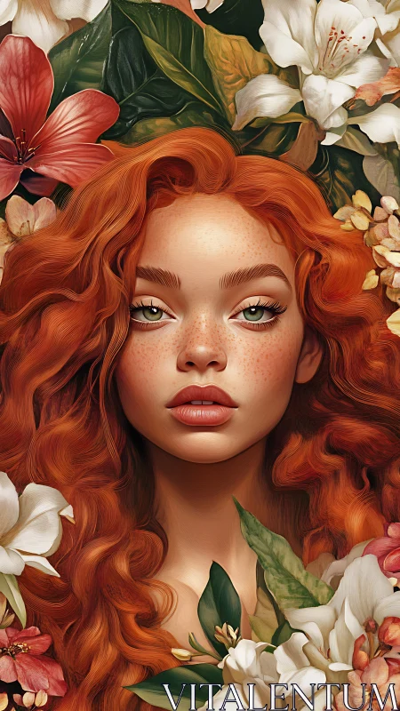 Red haired woman portrait framed by mixed botanical flowers.