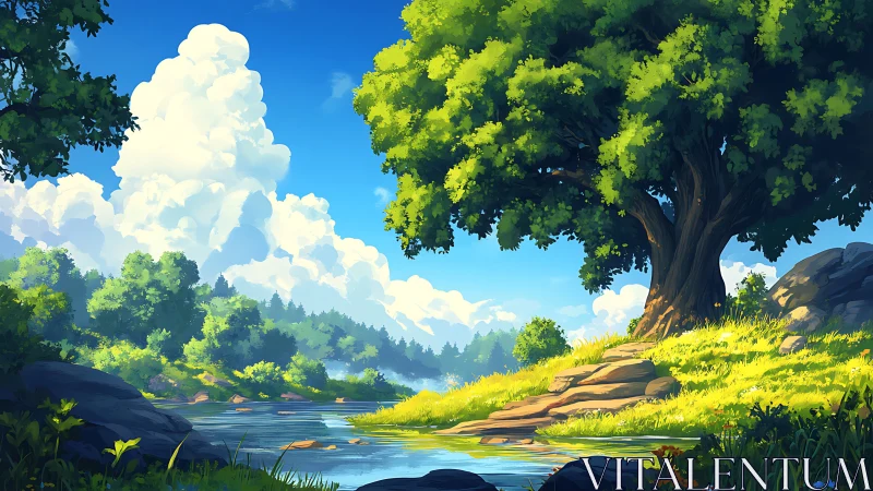 Serene riverside landscape with ancient tree under blue sky.