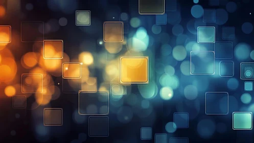 Abstract digital squares with blue and orange bokeh lights background.