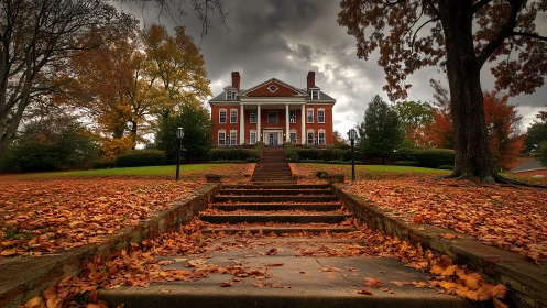 Brick mansion stands beyond leaf covered stone stairway