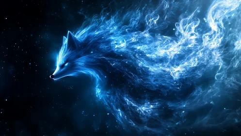 Starlit spirit fox drifting through nebula-blue cosmic tides.
