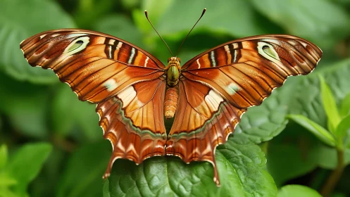 Copper-wing forest butterfly resting on emerald leaves.