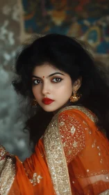Portrait of woman in ornate orange sari with jewelry.