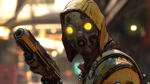 Hooded cybernetic gunman tracks target in neon alleyway.