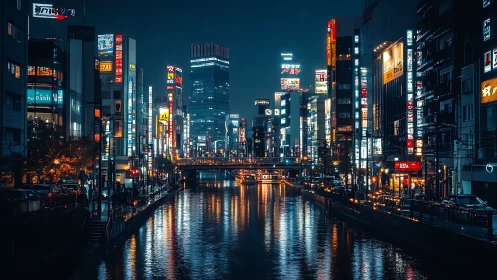 Neon city river glows gently under a calm rainy night sky