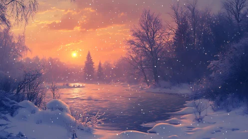 Soft winter river at sunset wrapped in gentle falling snow.