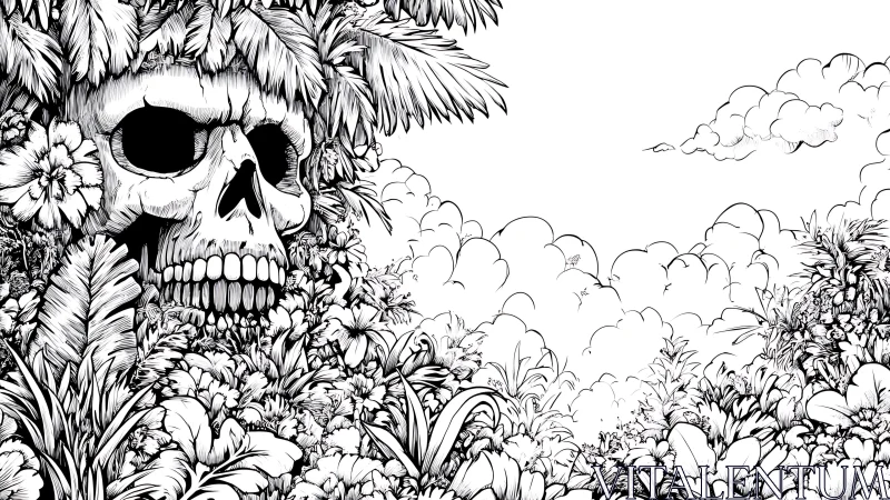 Skull overgrown by dense tropical foliage in monochrome linework.