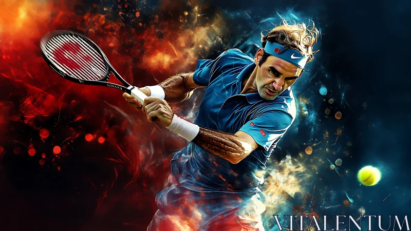 Dynamic tennis forehand explodes through swirling color energy.