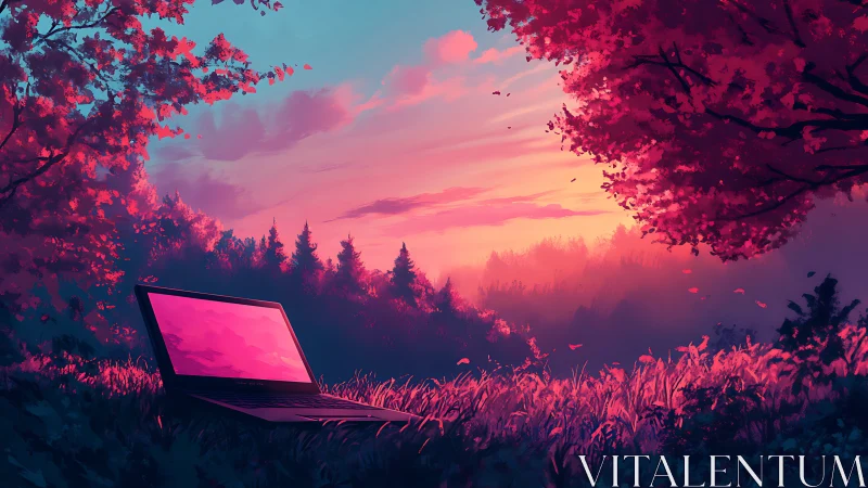 Laptop rests in saturated landscape under diffuse sunset light