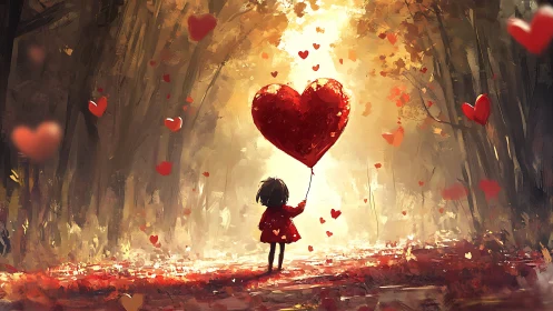 Child holding heart balloon amid falling hearts and golden light.