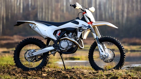 White off-road dirt bike by lakeside under soft daylight.