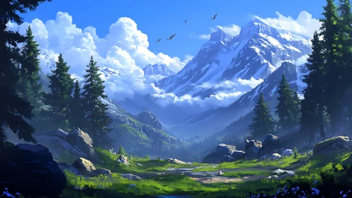 Sunlit alpine valley below towering snowcapped peaks.