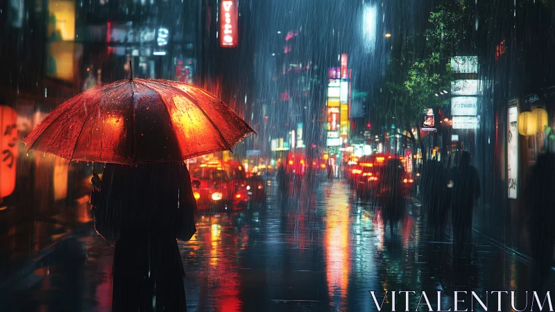 Person with red umbrella in neon city street rain at night.