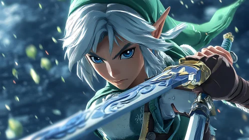 Anime elf warrior lunging forward with engraved sword.