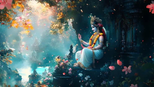 Digital painting of divine figure in luminous temple grove.