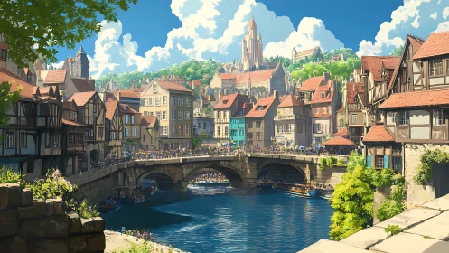 Medieval riverside cityscape with stone bridge and timber houses