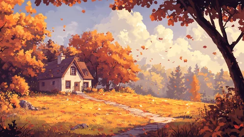 Cozy cottage nestles beneath glowing autumn forest skies