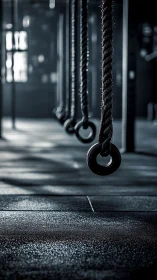 Quiet gym ropes waiting for focused strength and movement.