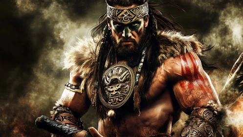 Barbarian warlord stands in burning battlefield armor