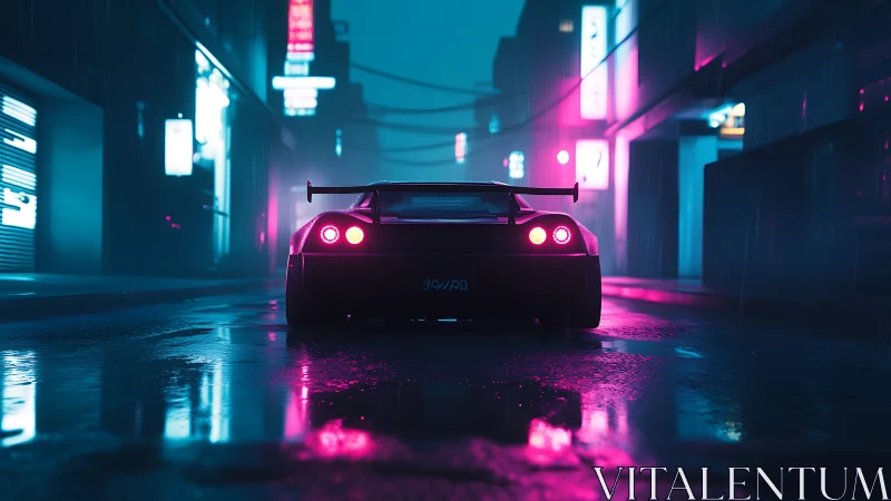 Neon-lit sports car rear view on rainy cyberpunk street.