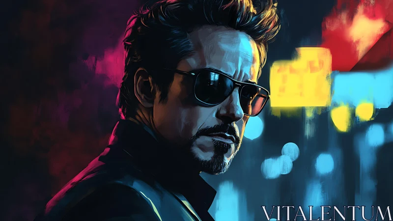 Stylized male portrait renders neon-lit urban night scene