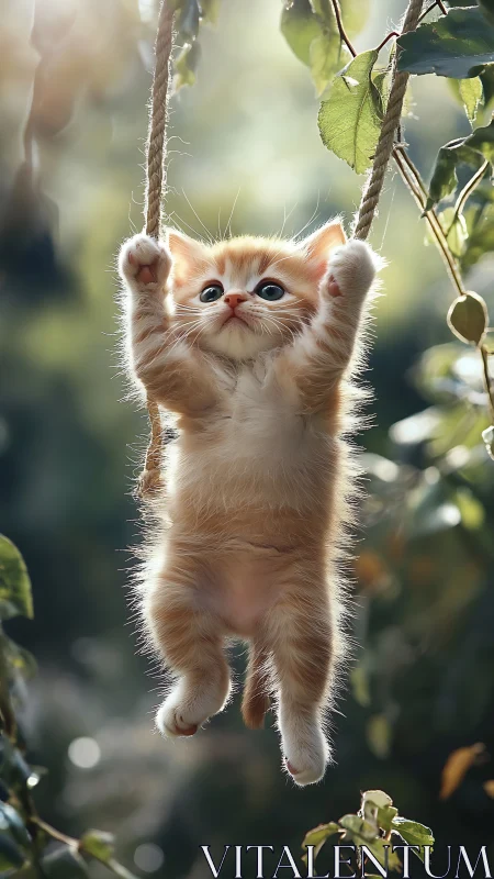 Cream Tabby Kitten Suspended on Twine Among Garden Foliage