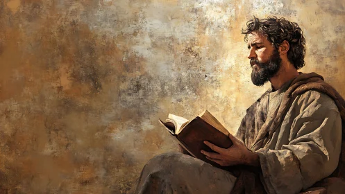 Sunlit sage in worn robes studying an ancient open book.