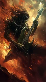 Fiery metal guitarist engulfed in flames with electric guitar.