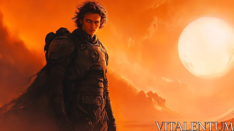 Lone armored wanderer under blazing desert sunscape.