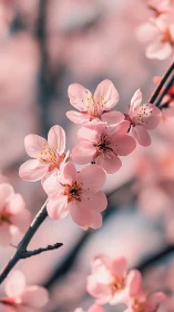 Pink cherry blossoms bloom with delicate translucent petals and vivid stamens.