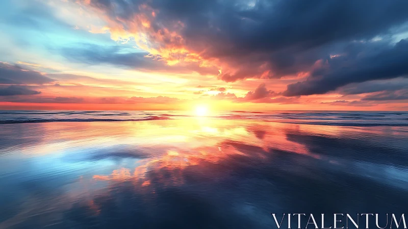 Vibrant ocean sunset with glowing clouds and reflections.