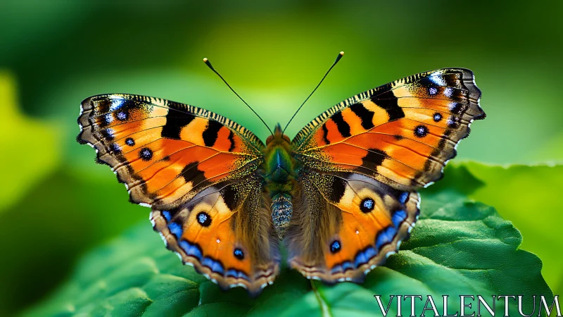 Butterfly with patterned wings on green foliage surface.