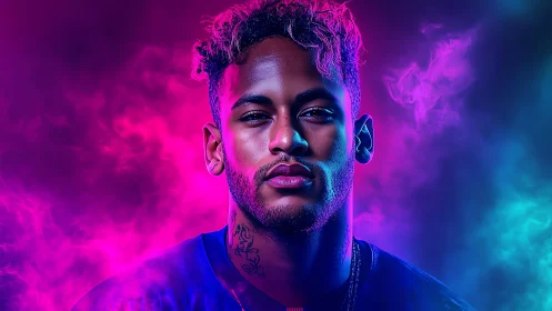 Neon portrait glows with intense magenta cyan smoke halo.