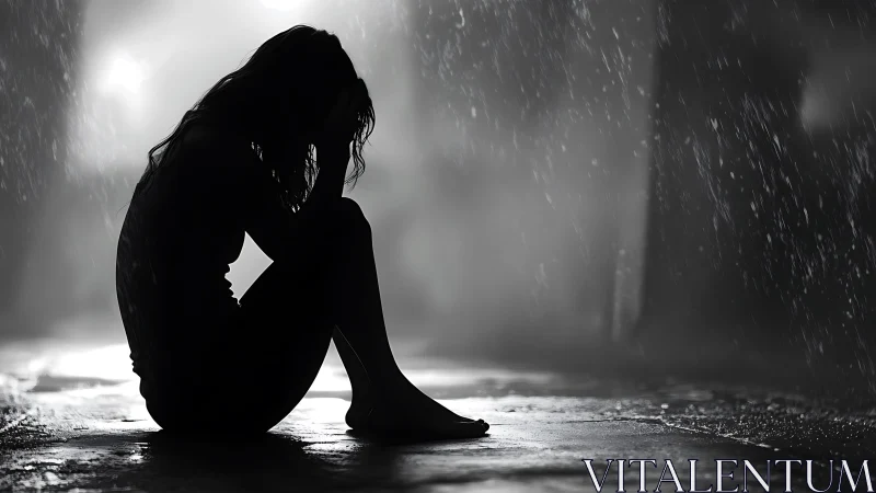 Quiet courage in the rain: silhouette of a reflective soul.