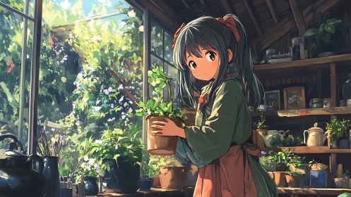 Sunlit garden shed with gentle girl tending potted herbs.