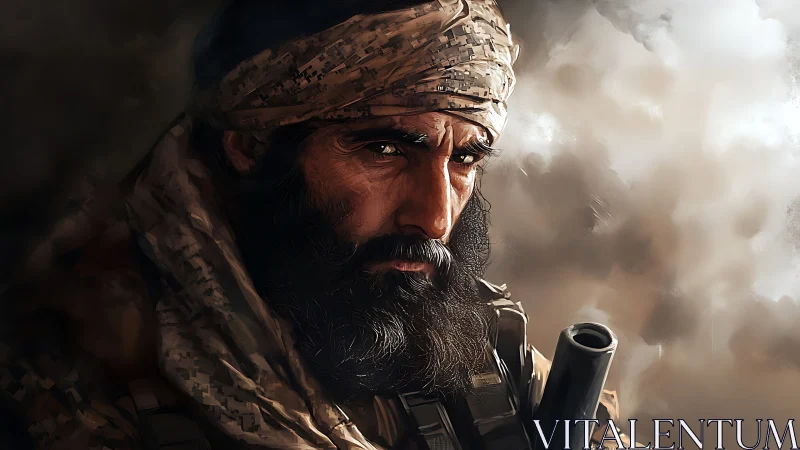 Bearded soldier in camouflage headscarf holding firearm close.