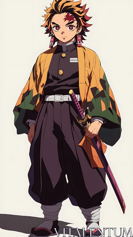 Anime swordsman in stylized haori rendered with bold cel shading
