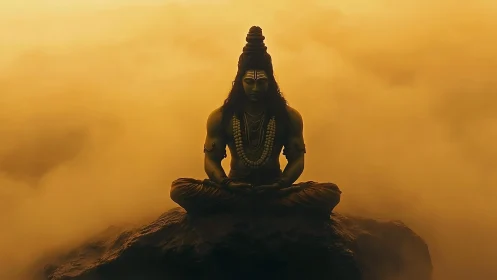 Golden horizon yogi in silent cloud-wrapped meditation.