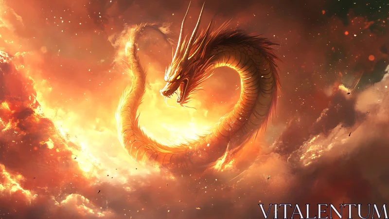Serpentine dragon coils through fiery clouds in bright sky