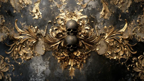 Baroque gold skulls bloom from a darkly opulent wall.