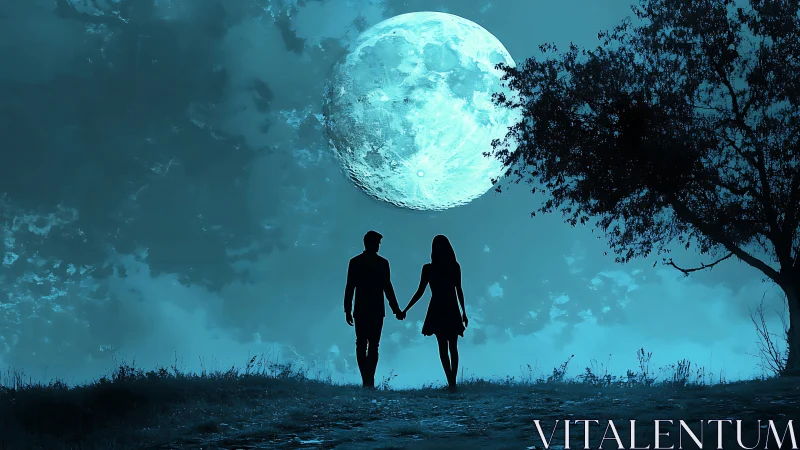 Silhouetted Couple Beneath Luminous Celestial Body.