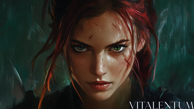 Digital portrait of scarred woman with intense green eyes.