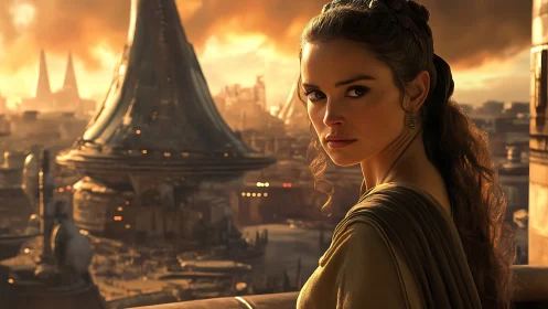 Woman stands before futuristic city under orange sky