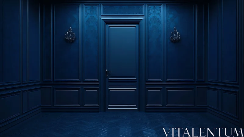 Monochromatic deep-blue neoclassical hallway with central paneled door